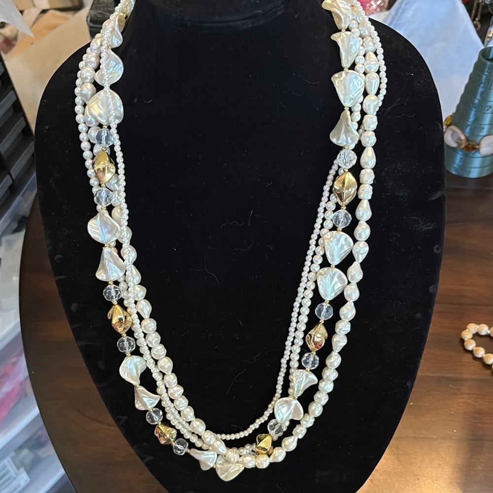 Elegant Multi-Strand Acrylic Pearl Necklace gold tone and clear faceted beads